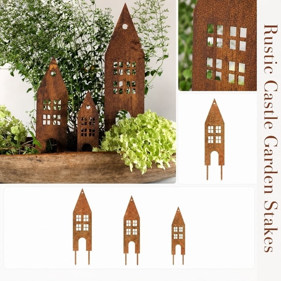 Outdoor Christmas Decorations Yard Metal Rusted House Silhouette Stakes 3 Piece Rustic Holiday Lawn Decoration Set for Front Yard Patio Pathway Durable Metal Art for Outside