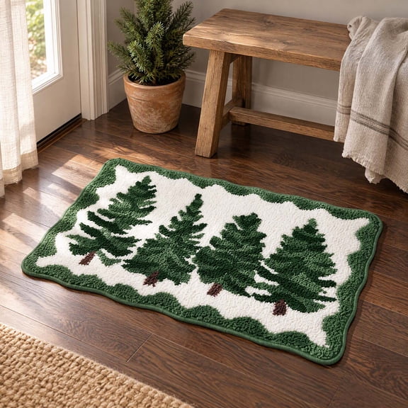 Outdoor Christmas Doormat, Evergreen Tree Accent Rug, Soft Plush Entry Mat for Front Door Covered Porch and Holiday Home Decor, 31.50 x 19.69 in