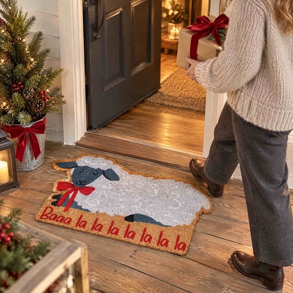 Outdoor Christmas Doormat, Novelty Sheep-Shaped Rug, Coconut Coir Bristle Entry Mat for Front Door Porch and Holiday Home Decor, 23.62 x 15.75 in