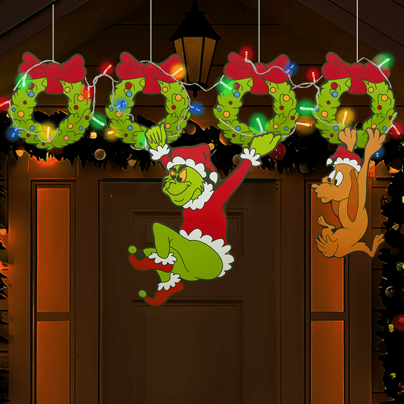 Outdoor Christmas Fence Decorations, 6Pcs Light Up Green Monster Fence Peeker Signs Decor with LED String Lights for Yard Garden Lawn Fireplace, Christmas Tree Decoration