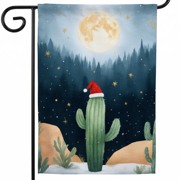 Outdoor Christmas Flag,A cactus wearing a santa hat in front of a full moon,Holiday Flag 28 x 40 Double Sided,Xmas Flag for Outside,Xmas Outside Decorations for Yard