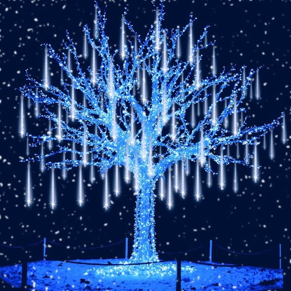 Outdoor Christmas Lights - 12 Inch 8 Tubes, Waterproof LED Meteor Shower Icicle Lights, Rain Drop String Lights for Christmas Party, Tree & Yard Decor (White)