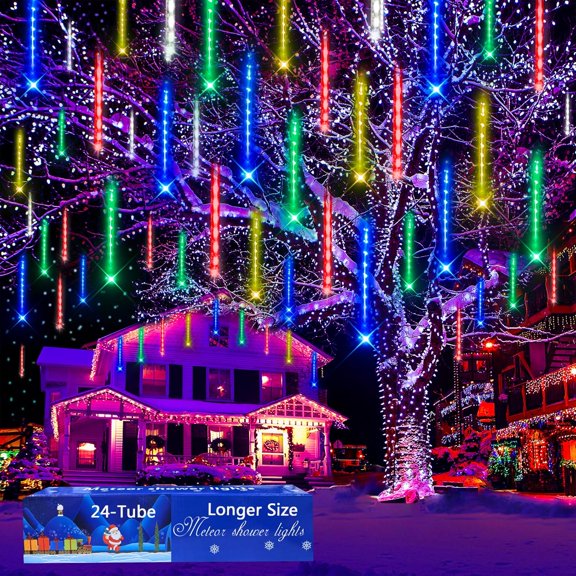 Outdoor Christmas Meteor Shower Falling Star Lights - 16 Inch, 8 Tubes, 256 LED Icicle Snow Falling Lights for Xmas Tree & Party Decor, Warm White, UL Plug