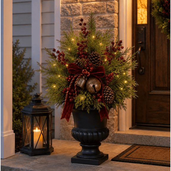 Outdoor Christmas Porch Urn Filler PreLit Artificial Evergreen Branches With Red Berries Pinecones Burgundy Bow Antique Bells For Entryway Holiday Display