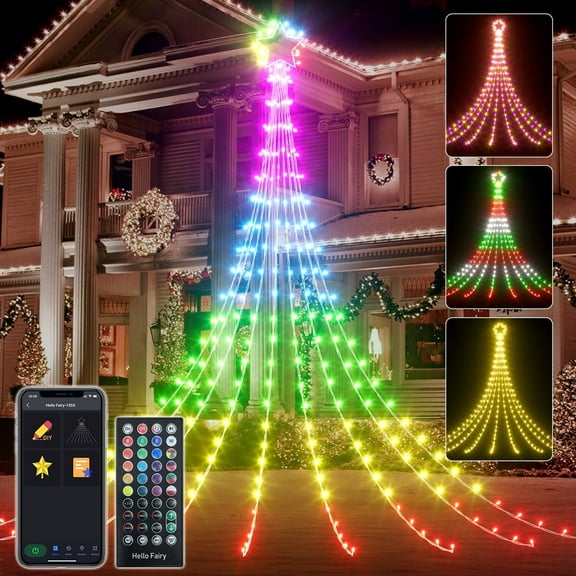 16.5 FT 245 LED Outdoor Christmas Smart Star Waterfall Lights 74 Modes Color Changing DIY Tree String Light App Control Music Timer for Xmas Thanksgiving Parties Porch Holiday Lawn Decor