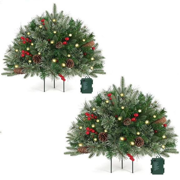 Outdoor Christmas Tree Frosted Urn Filler, Pre-lit Artificial Xmas Tree with LED Lights, 18 Inch Small Christmas Tree with Cones & Red Berries