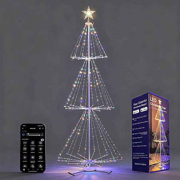 Outdoor Christmas Tree Lights Decorations, 6.5ft 635 LEDs Cone Tree with Smart App Control, IP54 Waterproof, Warm White and Multicolor