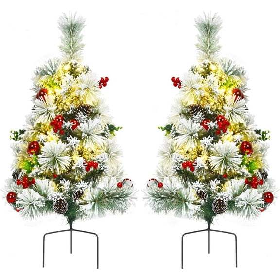 Outdoor  Christmas Tree Set of 2, Pre-Lit Snow Flocked Xmas Trees with , 8 Light Modes, 29 inch Battery Powered Porch Christmas Trees for Holiday Decoration