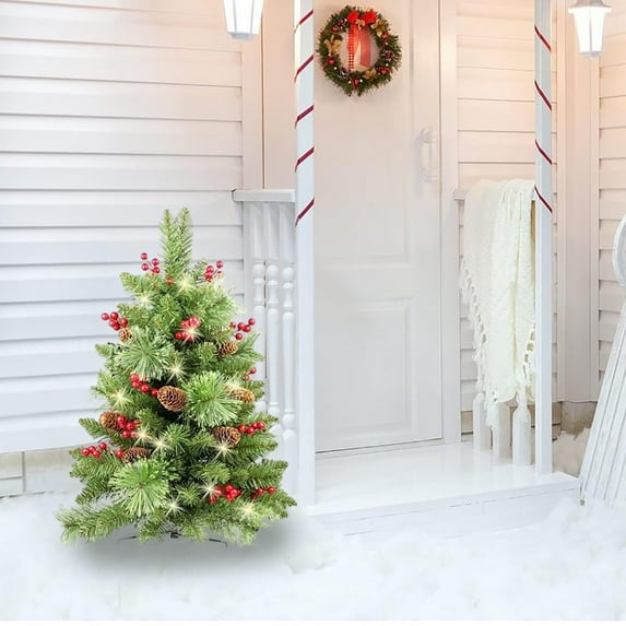 Outdoor Christmas Tree Set, Pre-Lit Porch Christmas Tree with LED Lights for Pathway or Garden Holiday Decoration