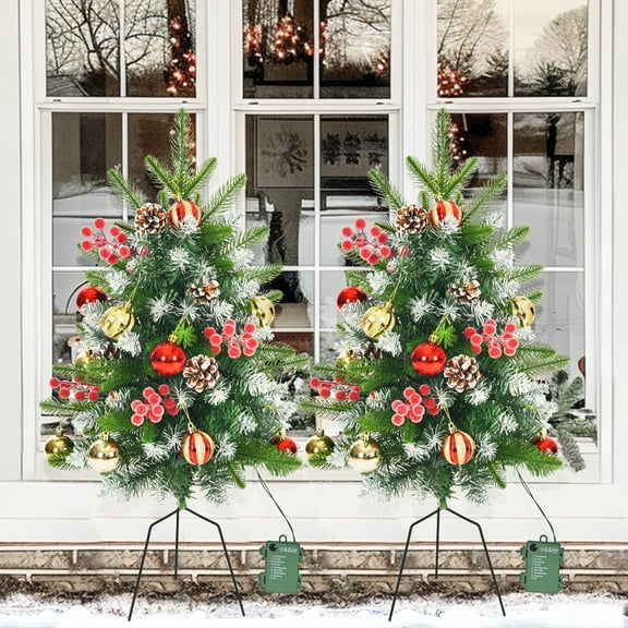 Outdoor Christmas Trees Prelit 2Pcs 30 inch Lighted Porch Christmas Trees 120 LED Warm Light Lighted Pathway Flowerpot Christmas Trees with Timer Function Auto On/Off 8 Mode Lighting