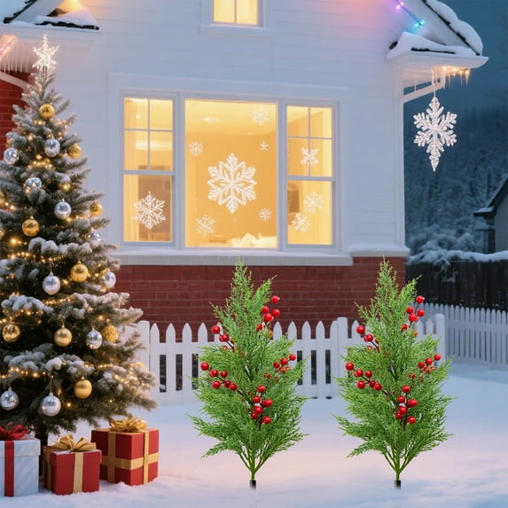 Outdoor Christmas Trees for Yard,Outdoor Christmas Tree Decorations,Outdoor Pathway Christmas Trees, Pre-Lit Artificial Xmas Urn Filler with LED Lights,Red Berries,Holiday Driveway Yard Decor