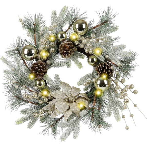 Outdoor Christmas Wreath Lighted 20'' Winter Wreaths for Front Door, Artificial Xmas Wreath with Gold Balls, Pine Cones, Golden Twigs, Pine Needles and Silver Berries