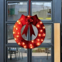 Outdoor Christmas Wreath, Lighted Wreath with LED Lights and Red Bow, Metal Holiday Decor for Exterior Window Wall Front Door