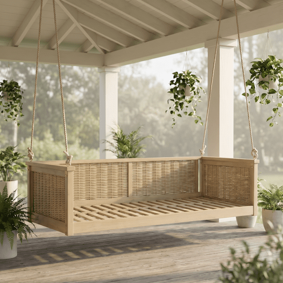 Outdoor Classic Solid Wood Twin Size Swing Bed,Garden Porch Rattan Swing Frame with Long Ropes for Poolside, Backyard, LIGHT TEAK