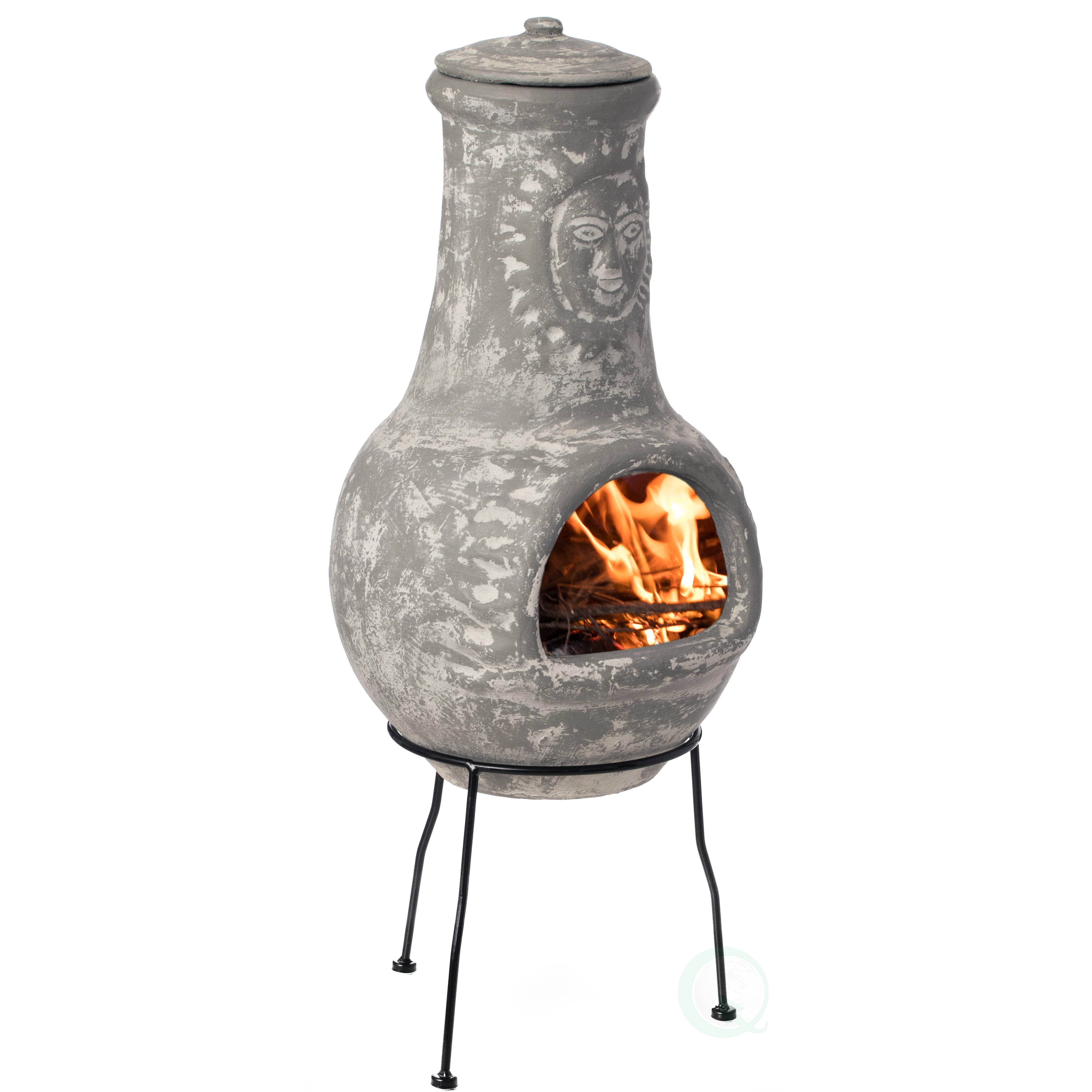 Beige Clay Chiminea Fireplace with Metal Stand