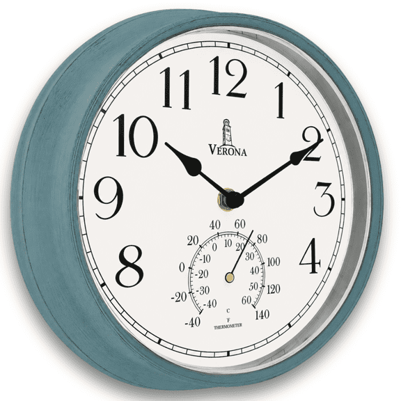 Outdoor Clocks for Patio Waterproof with Thermometer Teal 9.5 Inch Indoor Outdoor Wall Clock with Temperature Display Weatherproof, Accurate & Easy to Read for Pool, Garden & Home Decor