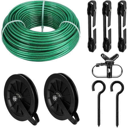 Tootaci 150ft Clothesline Outside Kit, Green Pvc Coated Heavy Duty Stainless Steel Wire with 2PCS 6.3" Pulley, M8 Metal Hooks, 3 Separator