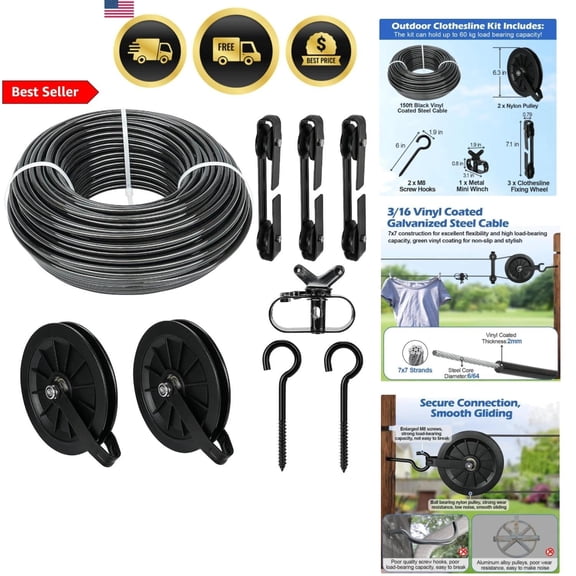 Outdoor Clothesline Kit 150ft Heavy Duty Galvanized Steel Pulley Set