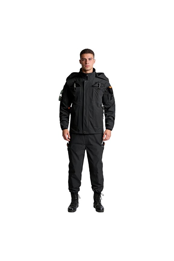 Outdoor Clothing Man Clothing Mountain Climbing Outfit Men's Jacket Suit Men's Workwear Wear Resistant Camouflage Suit Hooded Training Suit Mountaineering Outdoor Suit, Black-M