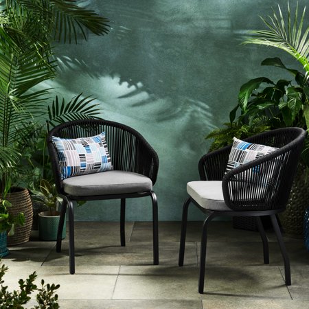 Outdoor Club Chair (2) - Sleek Rope Weave Style, Strong Metal Frame, Water- Seating Patio Accent, Upholstery, 25.39"w X 24.85"d 32.14"h, Black