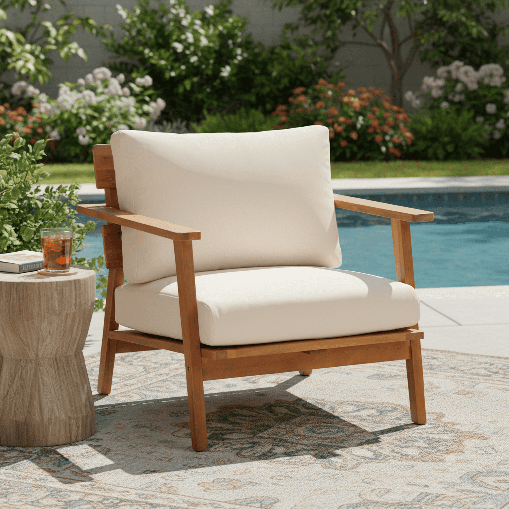 Outdoor Club Chair, 29.5 Inch Mid-Century Acacia Wood Chair for Patio Garden, Teak and Cream