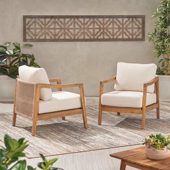 Outdoor Club Chair Acacia Wood Frame with Rope Back Detail Water-Repellent Beige Cushions for Patio/Backyard/Deck (Set of 2)