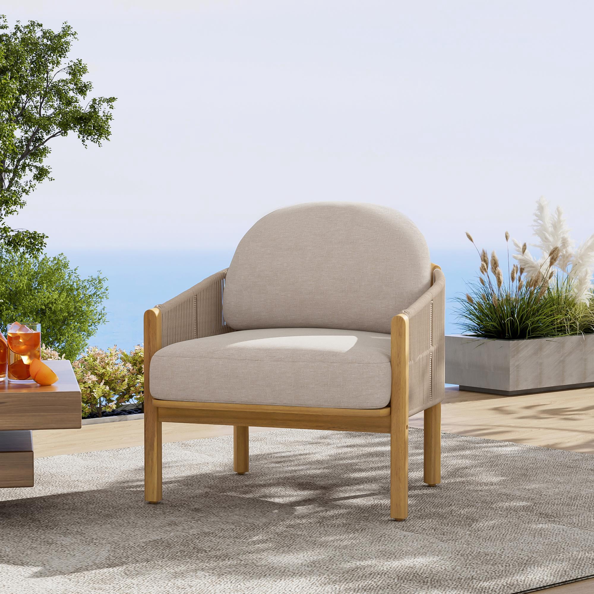 Outdoor Club Chair, Teak Finish Acacia Wood with Beige Rope & Cushion ...