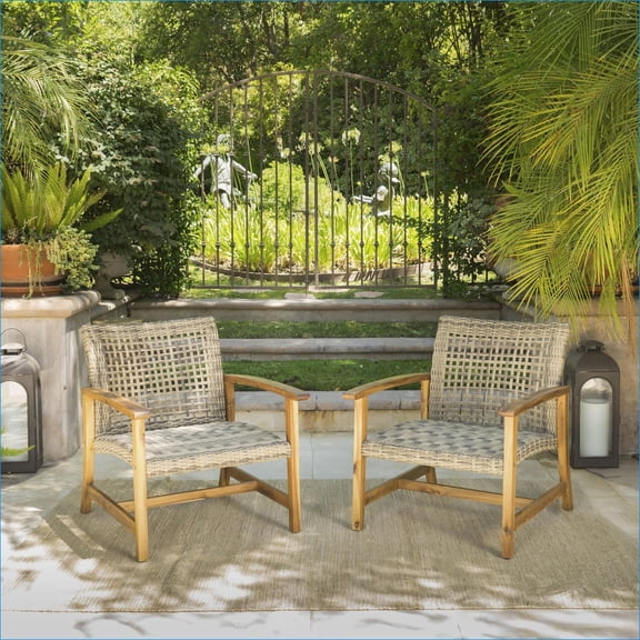 Outdoor Club Chairs | 2-Pc Modern Faux Wicker Set for Patio Sunroom Living Room | Wood | Solid Back