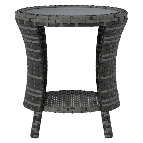 Outdoor Coffee Table, 18" Wicker Patio Side Table with Storage, PE Rattan, Composite Wood Top, Hourglass Design, Gray