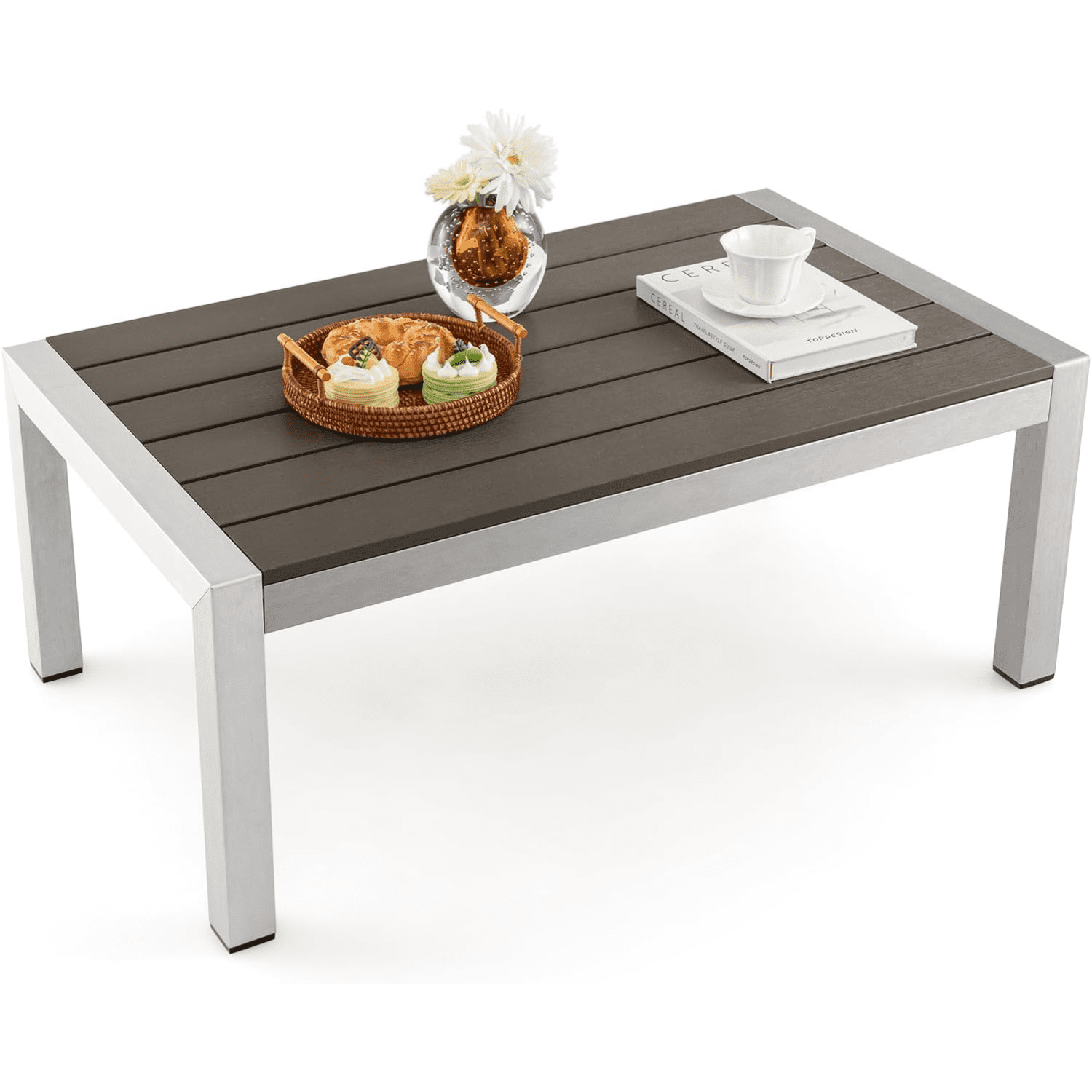 Outdoor Coffee Table with Aluminum Frame WPC Top Patio Side Tea Table