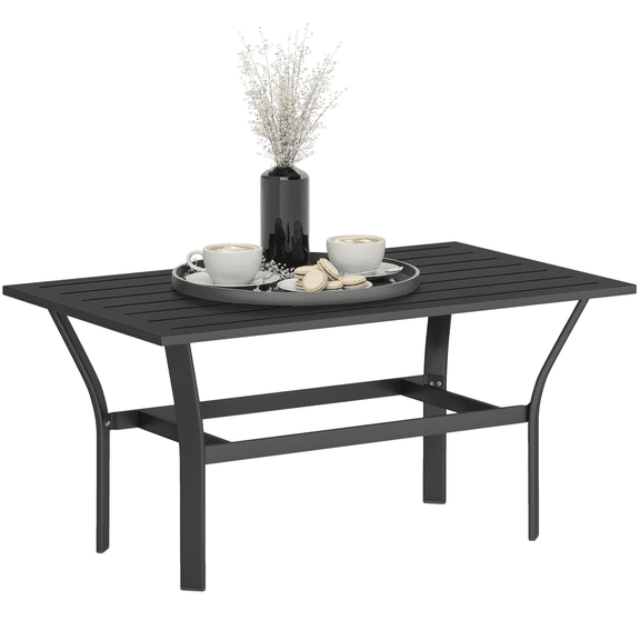 Outdoor Coffee Table, Black Metal Patio Table, 36x21.7 Slatted Tabletop, All Weather Garden Furniture, Rectangle Outdoor Dining Table