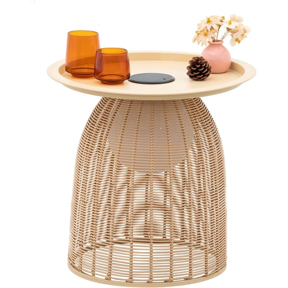 Outdoor Coffee Table Boho Wicker Patio Solar Table Festival Decoration All Weather Metal Round Tables with Built-in Lights for Porch Garden Yard