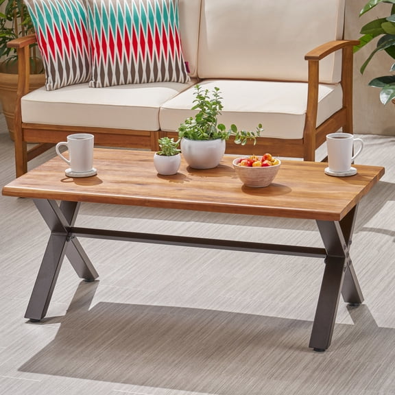 Outdoor Coffee Table Crafted from Acacia | Suitable for Beverages and Meals | X - shaped Metal Support System | Ensures Table Can Bear Heavy Loads