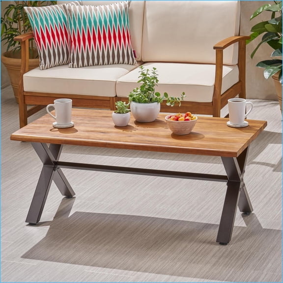 Outdoor Coffee Table | Industrial | Teak Acacia Wood | Rustic Metal | 18H x 27.25W x 43.25L | Walnut Brown+Black