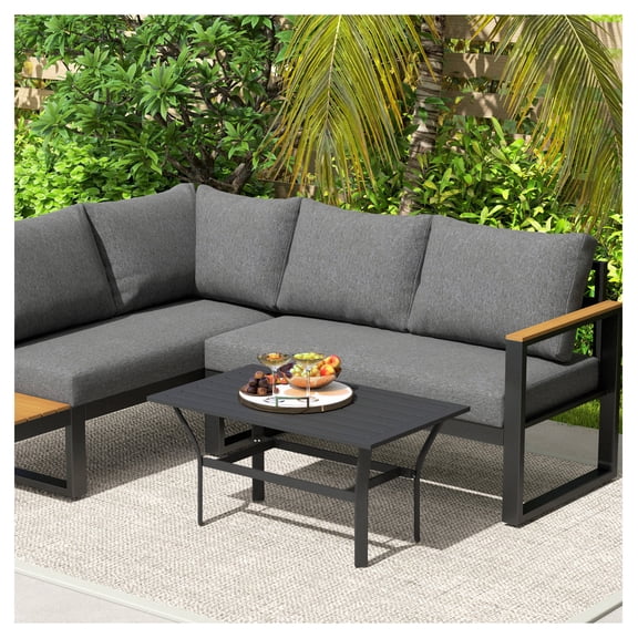 Outdoor Coffee Table, Metal Patio Table, Slatted Rectangle Garden Table, Weather Resistant, Black