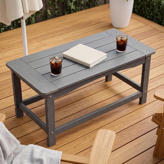 Outdoor Coffee Table for Patio, 35 Inch Rectangle Patio Coffee Table, Gray All-Weather Poly Lumber Outside Table, 250 lb Capacity Outdoor Patio Table for Deck Balcony Garden Porch Poolside