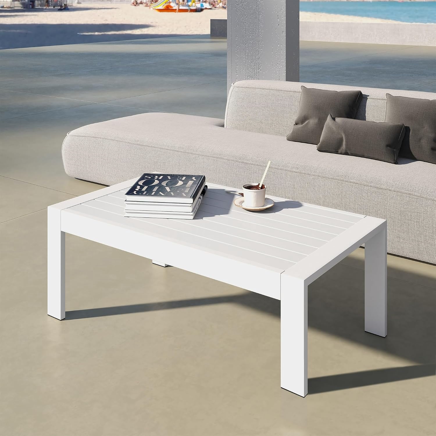Outdoor Coffee Table, Patio Coffee Table, White Outdoor Table