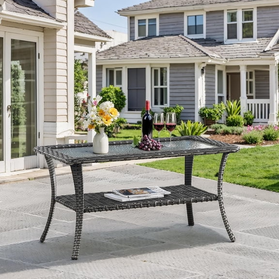 Outdoor Coffee Table - Patio Rattan Wicker Coffee Table with Tempered Glass Top and 2-Tier Storage Outdoor Table for Deck Porch Balcony Garden - Grey