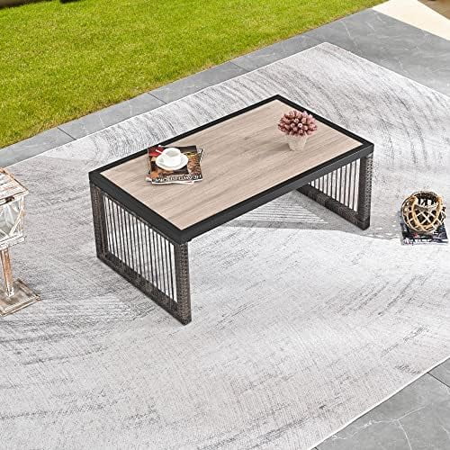 Outdoor Coffee Table Rectangle Dining Furniture for Balcony, Porch, Deck, Black/Brown$$Garden &