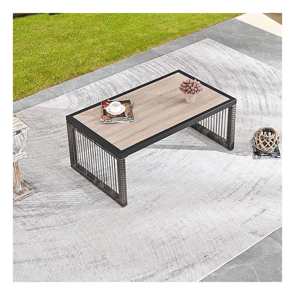 Outdoor Coffee Table Rectangle - Patio Dining Furniture for Balcony, Porch & Deck - Black/Brown Weather Resistant