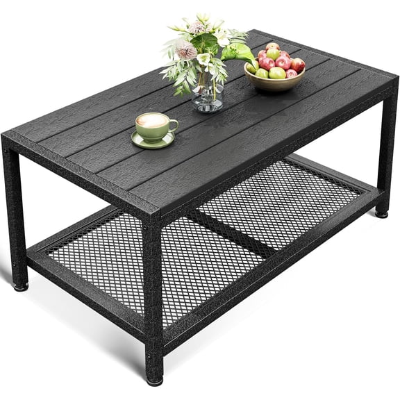 Outdoor Coffee Table, Rectangle Weather-Resistant Patio Coffee Table for Garden, Balcony, Hot Tub, Poolside, Heavy-Duty Metal Frame, Black