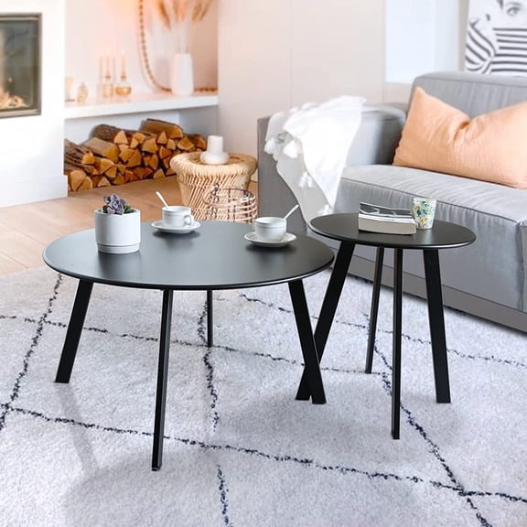 Outdoor  Coffee Table Set of 2, Weather Resistant End Table, Round Nesting Tables for Living Room Balcony Office,Black