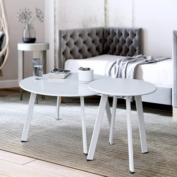 Outdoor Coffee Table Set of 2 - Weather Resistant Outdoor Round End Table Modern Coffee Tables for Living Room Balcony Home Office (White)