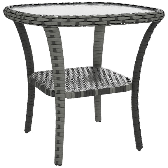Outdoor Coffee Table with Storage Shelf, Hand-Woven PE Rattan Side Table with Water-Ripple Tempered Glass Top, All-Weather Mixed Gray Wicker Table for Patio Garden, 19.7" x 19.7" x 21.7"