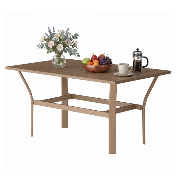 Outdoor Coffee Table with Slatted Tabletop, All-Weather Rectangle Metal Patio Coffee Table for Garden, Brown