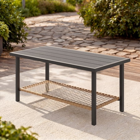 Deersky Outdoor Coffee Table with Storage Shelf, 2-Tier Patio Wicker Table, Metal Frame Rectangle Coffee Table for Garden, Balcony, Porch, Backyard