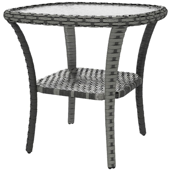 Outdoor Coffee Table with Storage Shelf, Hand-Woven Wicker Side Table with Water-Ripple Glass Top, Mix Gray