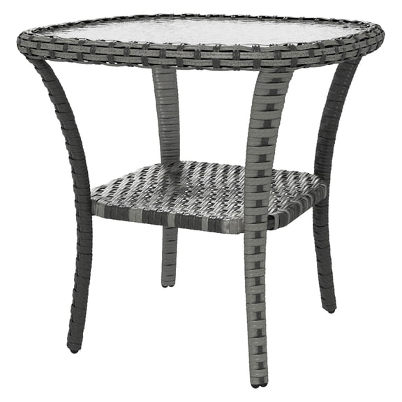 Outdoor Coffee Table with Storage, Wicker Side Table with Ripple Glass Top, PE Rattan Patio Table, Mix Gray