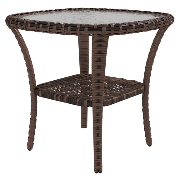 Outdoor Coffee Table with Storage, Wicker Side Table with Ripple Glass Top, Patio Furniture - Mix Brown