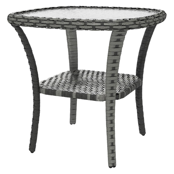 Outdoor Coffee Table with Storage, Wicker Side Table with Ripple Glass Top, Patio Furniture Mix Gray